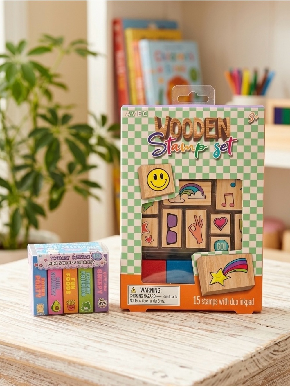 Wooden Stamp Set with 600 Kawaii Stickers- Multicolor